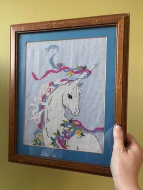 Framed White Unicorn Cross-Stitch with Pink & Blue Accents
